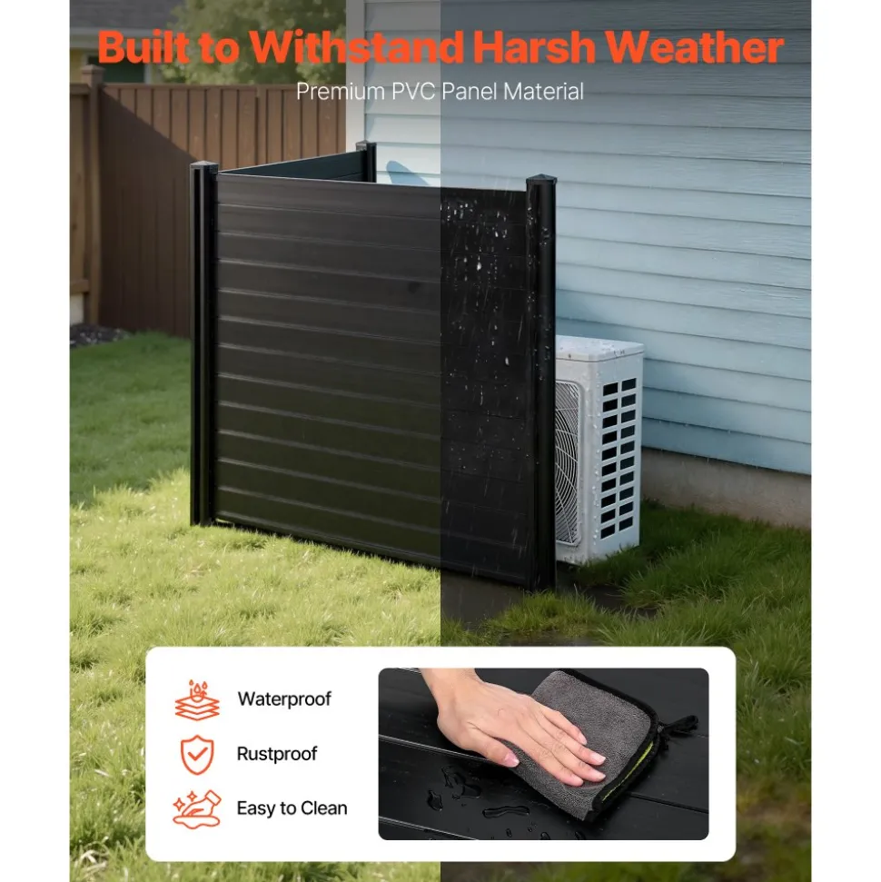 VEVOR 2 Panels Outdoor Privacy Screen, 48 x 48 in Air Conditioner Fence with 27.6 in Ground Stakes, Pool Equipment Enclosure, Horizontal Vinyl Privacy Fence, Ideal for Trash Can and A/C Units, Black