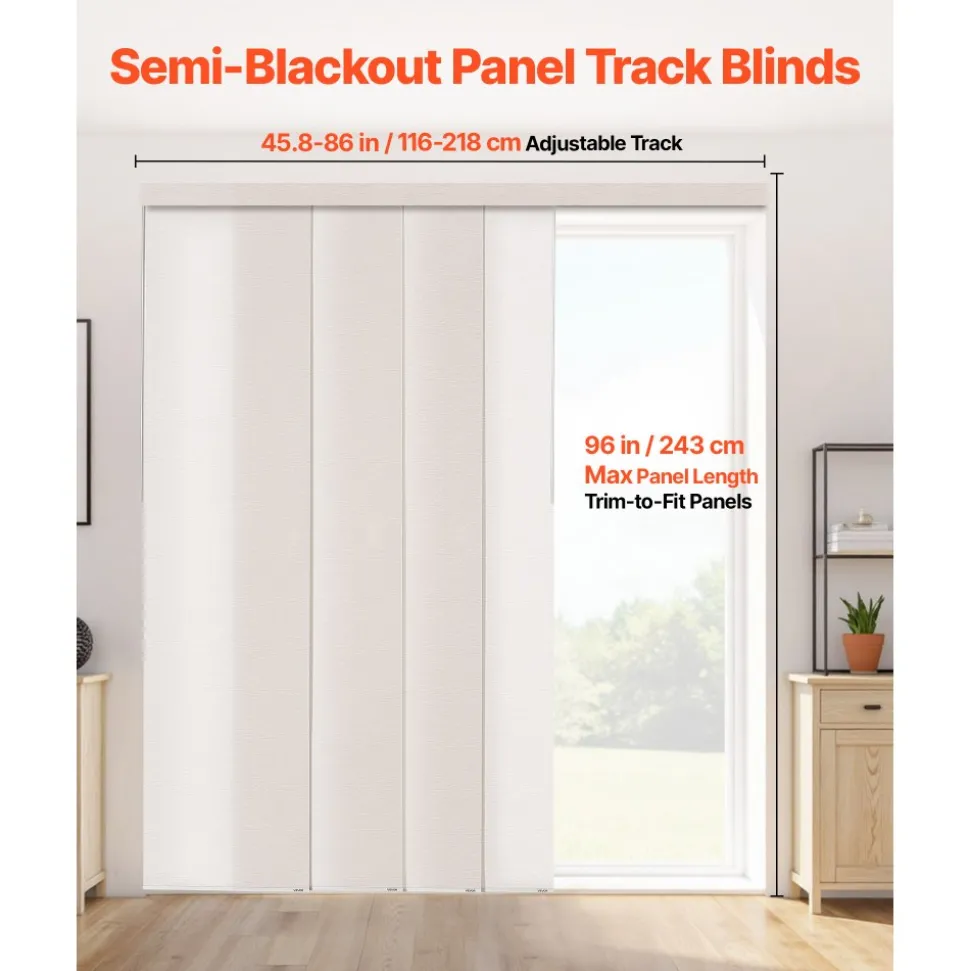 VEVOR Panel Track Blinds, Extendable Track from 45.8 in to 86 in W, Trimmable Panel Curtains Up to 96 in H, Adjustable Vertical Panel Blinds for Sliding Doors, Patio Doors, Room Divider, Light Brown