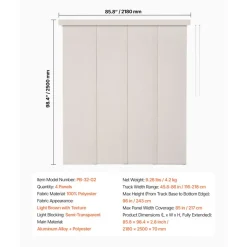 VEVOR Panel Track Blinds, Extendable Track from 45.8 in to 86 in W, Trimmable Panel Curtains Up to 96 in H, Adjustable Vertical Panel Blinds for Sliding Doors, Patio Doors, Room Divider, Light Brown