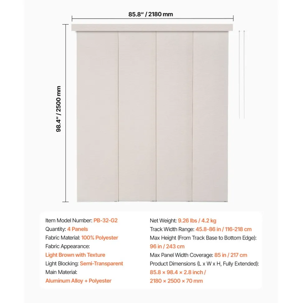VEVOR Panel Track Blinds, Extendable Track from 45.8 in to 86 in W, Trimmable Panel Curtains Up to 96 in H, Adjustable Vertical Panel Blinds for Sliding Doors, Patio Doors, Room Divider, Light Brown
