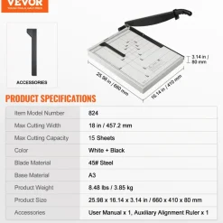 VEVOR Paper Cutter, Guillotine Trimmer, 18" Cut Length, 15 Sheets Capacity, Heavy Duty Guillotine Paper Cutter with Guard Rail/Blade Lock for Cardstock/Cardboard, Paper Trimmer for Home Office School