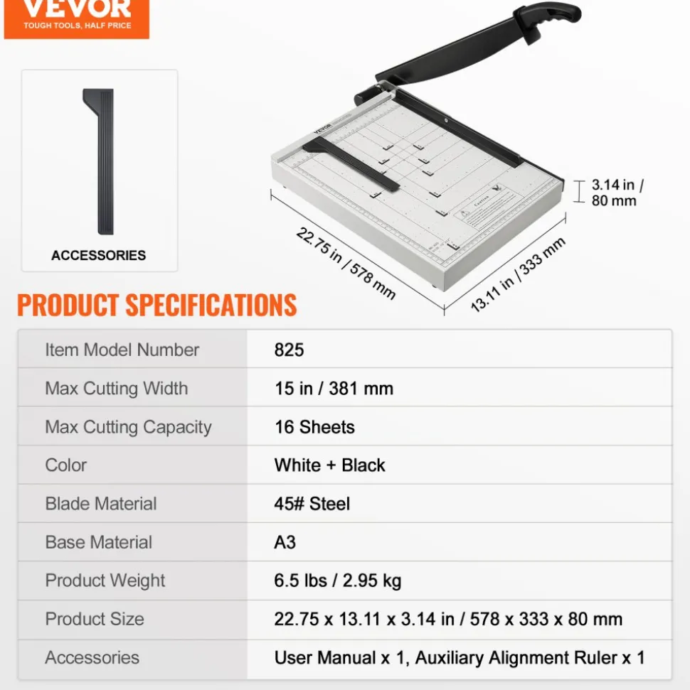 VEVOR Paper Cutter, Guillotine Trimmer, 15" Cut Length, 16 Sheets Capacity, Heavy Duty Guillotine Paper Cutter with Guard Rail/Blade Lock for Cardstock/Cardboard, Paper Trimmer for Home Office School