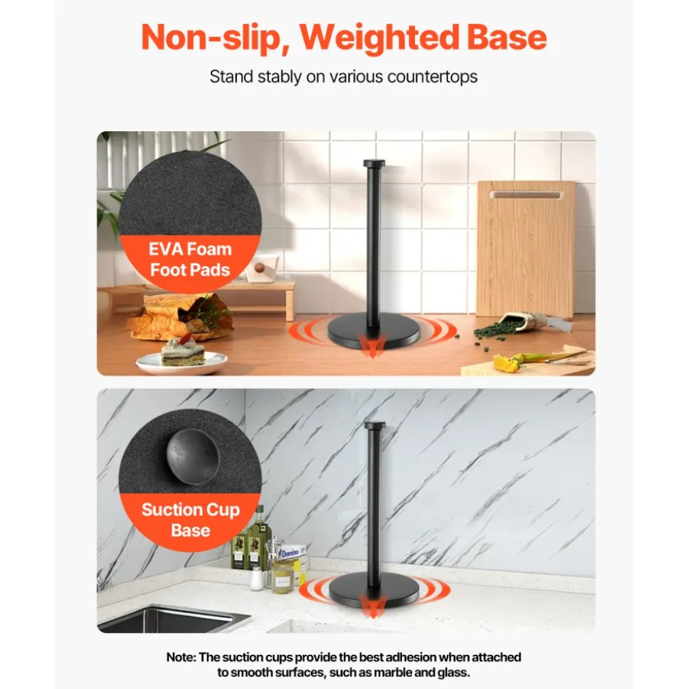 VEVOR Paper Towel Holder Countertop, Stainless Steel Kitchen Paper Towel Stand with Weighted Base and Suction Cups, Non-slip Countertop Kitchen Paper Roll Holders for Kitchen Bathroom