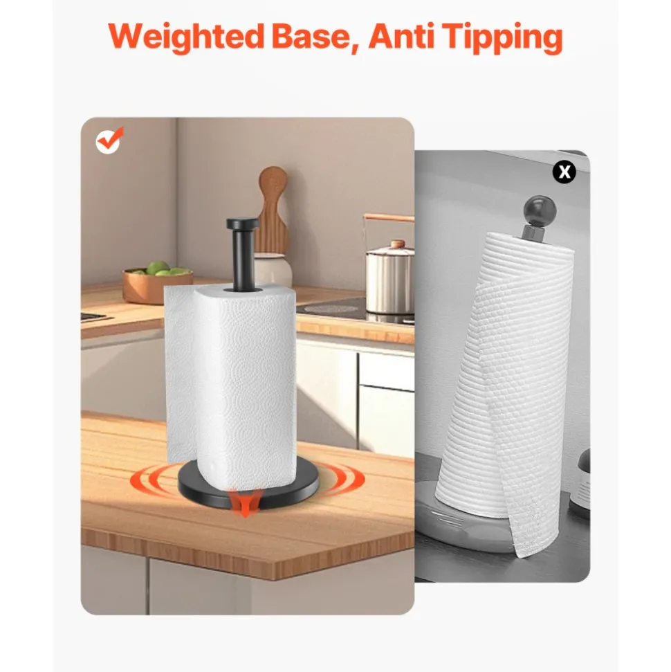 VEVOR Paper Towel Holder Countertop, Stainless Steel Kitchen Paper Towel Stand with Weighted Base and Suction Cups, Non-slip Countertop Kitchen Paper Roll Holders for Kitchen Bathroom