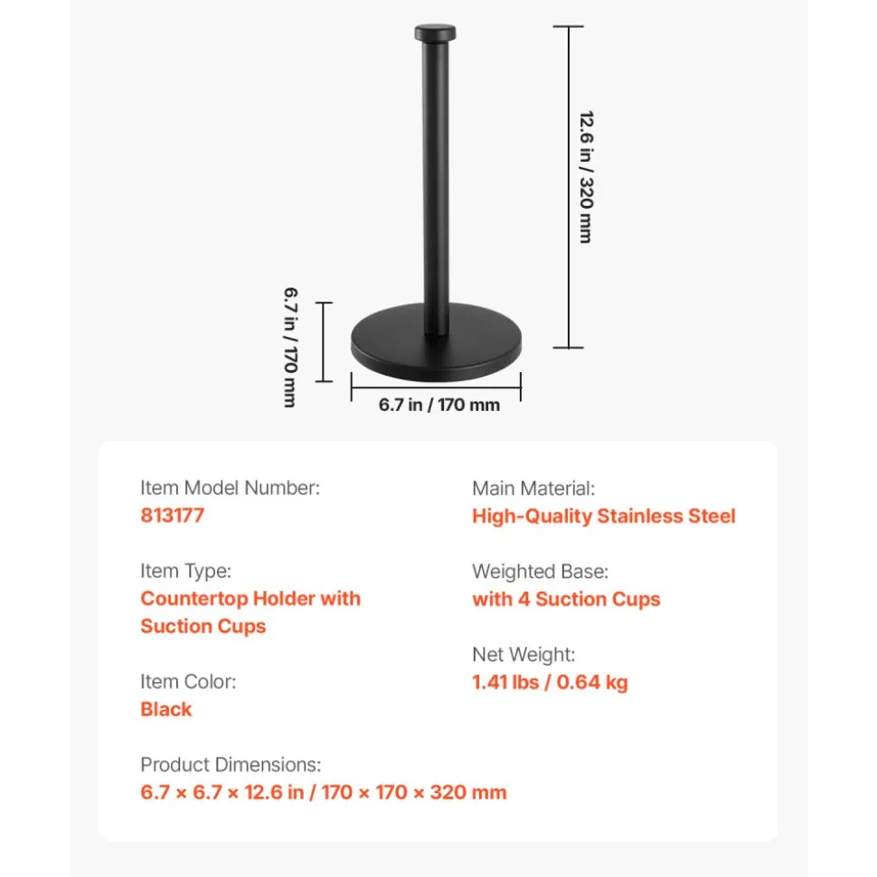VEVOR Paper Towel Holder Countertop, Stainless Steel Kitchen Paper Towel Stand with Weighted Base and Suction Cups, Non-slip Countertop Kitchen Paper Roll Holders for Kitchen Bathroom