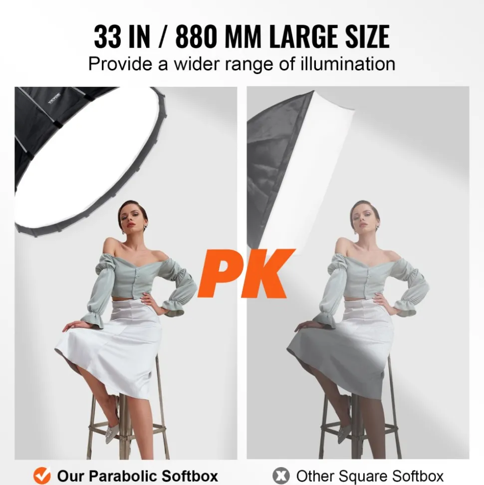 VEVOR Parabolic Softbox, 33 in / 850 mm, Quick Release and Quick Fold, Lightweight and Portable, Universal Bowens Mount, 4 Lighting Effects, Fits for Professionoal Photography, Daily Filming
