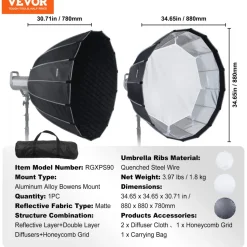 VEVOR Parabolic Softbox, 33 in / 850 mm, Quick Release and Quick Fold, Lightweight and Portable, Universal Bowens Mount, 4 Lighting Effects, Fits for Professionoal Photography, Daily Filming