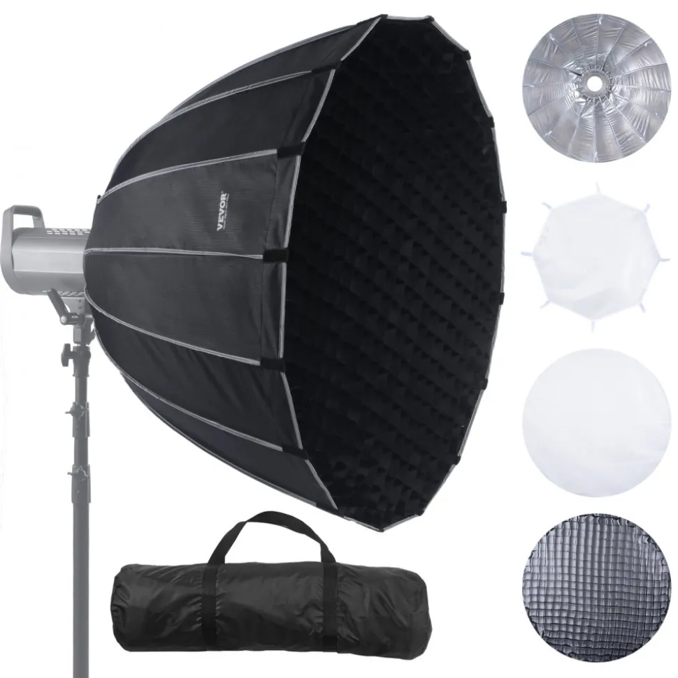 VEVOR Parabolic Softbox, 33 in / 850 mm, Quick Release and Quick Fold, Lightweight and Portable, Universal Bowens Mount, 4 Lighting Effects, Fits for Professionoal Photography, Daily Filming