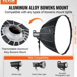 VEVOR Parabolic Softbox, 33 in / 850 mm, Quick Release and Quick Fold, Lightweight and Portable, Universal Bowens Mount, 4 Lighting Effects, Fits for Professionoal Photography, Daily Filming