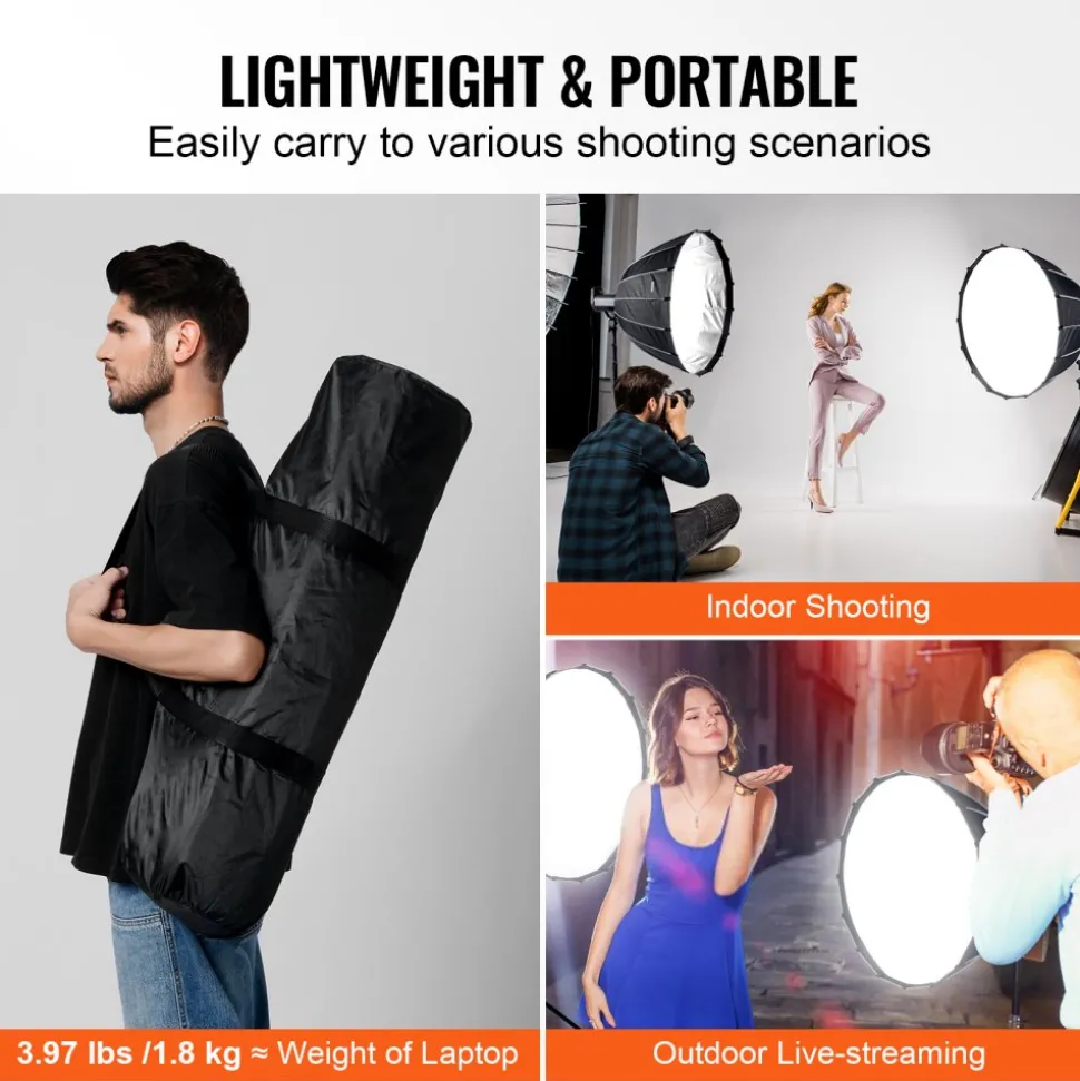 VEVOR Parabolic Softbox, 33 in / 850 mm, Quick Release and Quick Fold, Lightweight and Portable, Universal Bowens Mount, 4 Lighting Effects, Fits for Professionoal Photography, Daily Filming