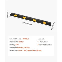 VEVOR Parking Stopper, 72 Inch 2 Pcs Heavy Duty Parking Aid for Garage, Rubber Curb Garage Floor Stopper with Reflective Strips, Aid Gadgets for Cars Vans Trucks Tire Wheel Guide Block Stops Bumpers