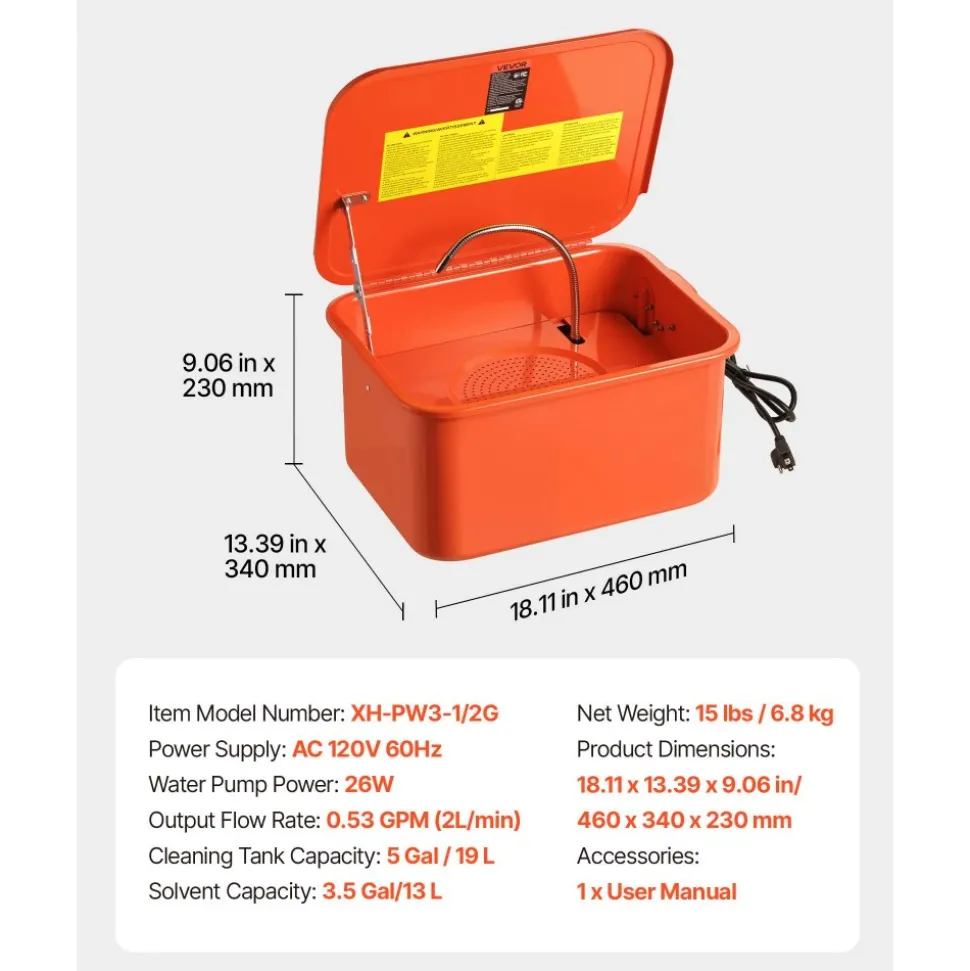 VEVOR Parts Washer 5-Gallon, 3.5 Gallon Solvent Capacity, 0.4 Gallon per Minute Max Pump Output, Portable Steel Automotive Parts Cleaner with Electric Pump for Wheel Bearings, Gears, and Carburetors