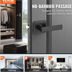 VEVOR Passage Door Handle, 1 Pack Matte Black Door Lever, Left or Right Handing Reversible Lever Non-Locking, 45° Rotation to Open, Universal Square Interior for Hallways, Closets, Meeting Spaces