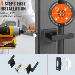 VEVOR Passage Door Handle, 1 Pack Matte Black Door Lever, Left or Right Handing Reversible Lever Non-Locking, 45° Rotation to Open, Universal Square Interior for Hallways, Closets, Meeting Spaces