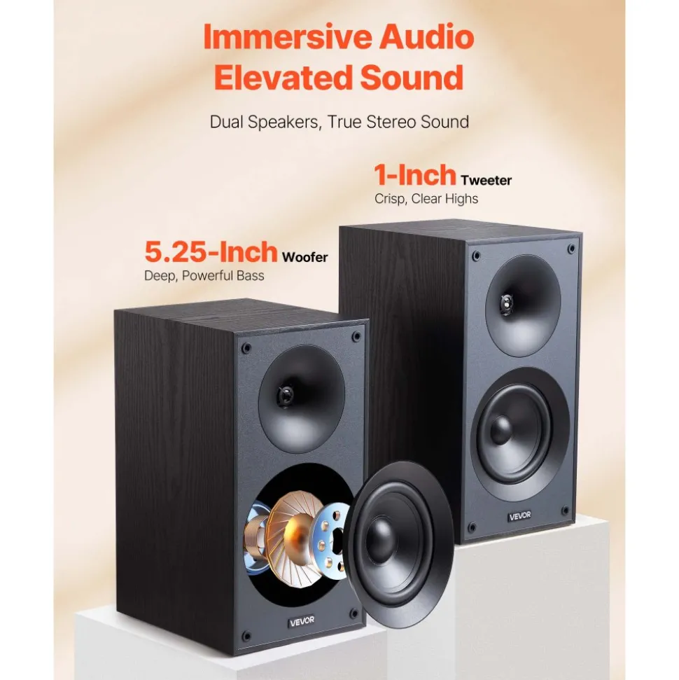 VEVOR Passive Bookshelf Speaker, 300W, Book Shelf Stereo Speakers with 5.25-Inch Woofer and 1-Inch Tweeter, Detachable Grille, 65Hz-20KHz Frequency Response, Wooden Enclosure, for Home Theater (1 Pair)