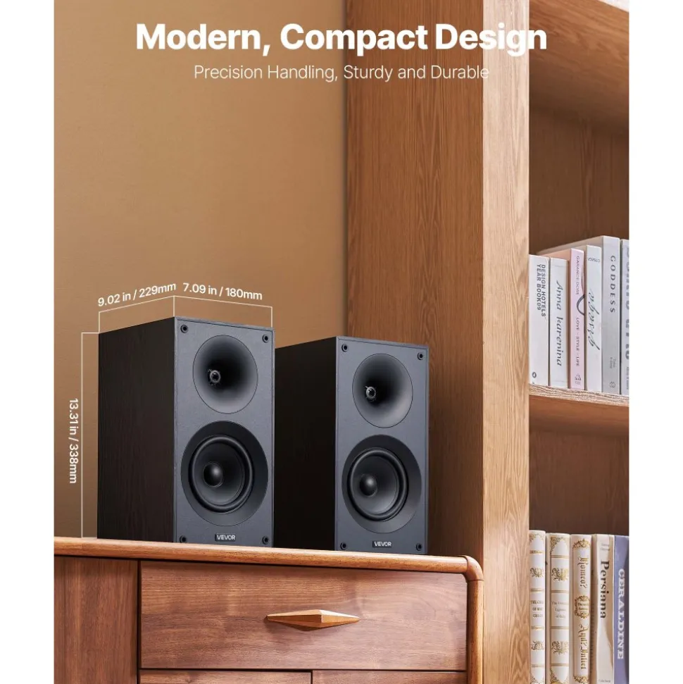 VEVOR Passive Bookshelf Speaker, 300W, Book Shelf Stereo Speakers with 5.25-Inch Woofer and 1-Inch Tweeter, Detachable Grille, 65Hz-20KHz Frequency Response, Wooden Enclosure, for Home Theater (1 Pair)