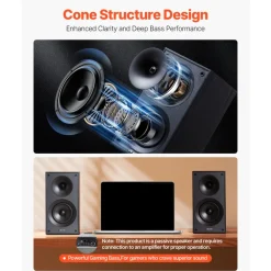 VEVOR Passive Bookshelf Speaker, 300W, Book Shelf Stereo Speakers with 5.25-Inch Woofer and 1-Inch Tweeter, Detachable Grille, 65Hz-20KHz Frequency Response, Wooden Enclosure, for Home Theater (1 Pair)
