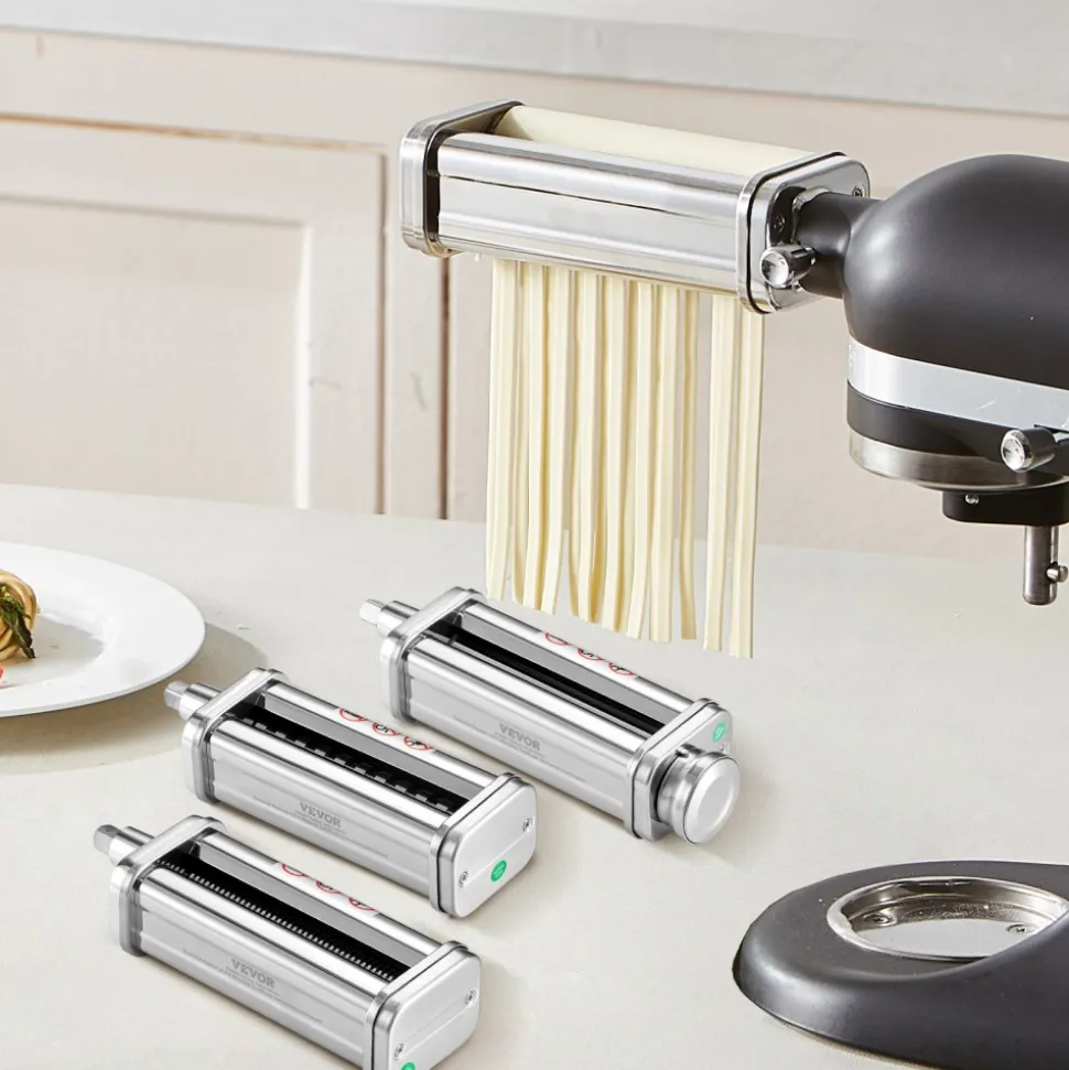 VEVOR Pasta Attachment for KitchenAid Stand Mixer, Stainless Steel Pasta Roller Cutter Set Including Pasta Sheet Roller, Spaghetti and Fettuccine Cutter, 8 Adjustable Thickness Knob Pasta Maker, 3Pcs