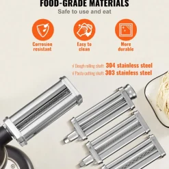 VEVOR Pasta Attachment for KitchenAid Stand Mixer, Stainless Steel Pasta Roller Cutter Set Including Pasta Sheet Roller, Spaghetti and Fettuccine Cutter, 8 Adjustable Thickness Knob Pasta Maker, 3Pcs