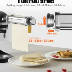 VEVOR Pasta Attachment for KitchenAid Stand Mixer, Stainless Steel Pasta Roller Cutter Set Including Pasta Sheet Roller, Spaghetti and Fettuccine Cutter, 8 Adjustable Thickness Knob Pasta Maker, 3Pcs
