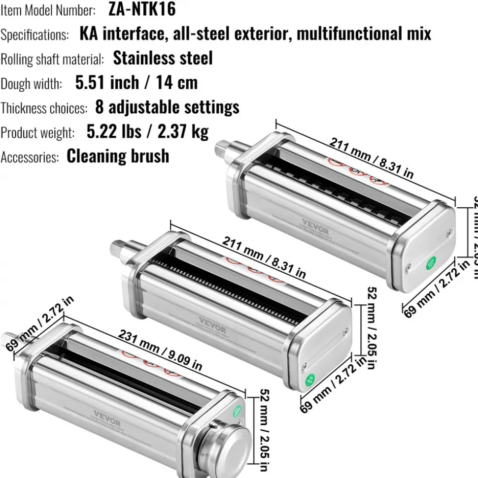 VEVOR Pasta Attachment for KitchenAid Stand Mixer, Stainless Steel Pasta Roller Cutter Set Including Pasta Sheet Roller, Spaghetti and Fettuccine Cutter, 8 Adjustable Thickness Knob Pasta Maker, 3Pcs