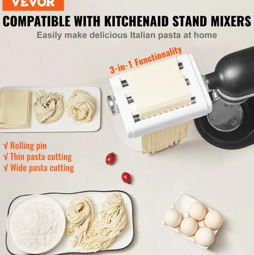 VEVOR Pasta Attachment for KitchenAid Stand Mixer, 3-IN-1 Stainless Steel Pasta Roller Cutter Set Including Pasta Sheet Roller, Spaghetti and Fettuccine Cutter, 8 Adjustable Thickness Knob Pasta Maker