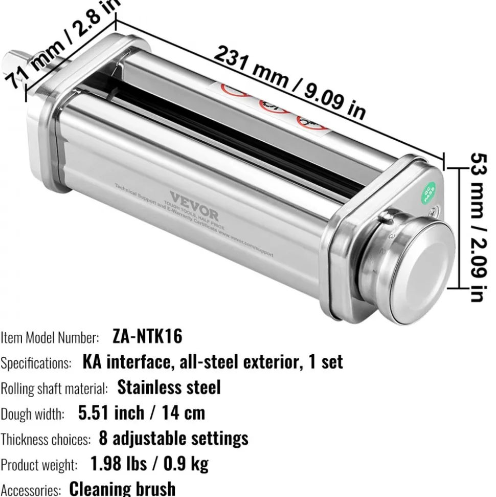VEVOR Pasta Attachment for KitchenAid Stand Mixer, Stainless Steel Pasta Sheet Roller Attachment, Pasta Maker Machine Accessory with 8 Adjustable Thickness Knob, KitchenAid Pasta Attachment by VEVOR