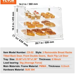 VEVOR Pastry Display Case, 3-Tier Commercial Countertop Bakery Display Case, Acrylic Display Box with Rear Door Access & Removable Shelves, Keep Fresh for Donut Bagels Cake Cookie, 20.7