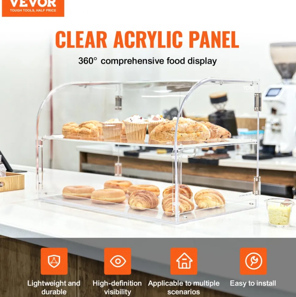VEVOR Pastry Display Case, 2-Tier Commercial Countertop Bakery Display Case, Acrylic Display Box with Rear Door Access & Removable Shelves, Keep Fresh for Donut Bagels Cake Cookie, 22"x14"x14"