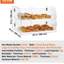 VEVOR Pastry Display Case, 2-Tier Commercial Countertop Bakery Display Case, Acrylic Display Box with Rear Door Access & Removable Shelves, Keep Fresh for Donut Bagels Cake Cookie, 22