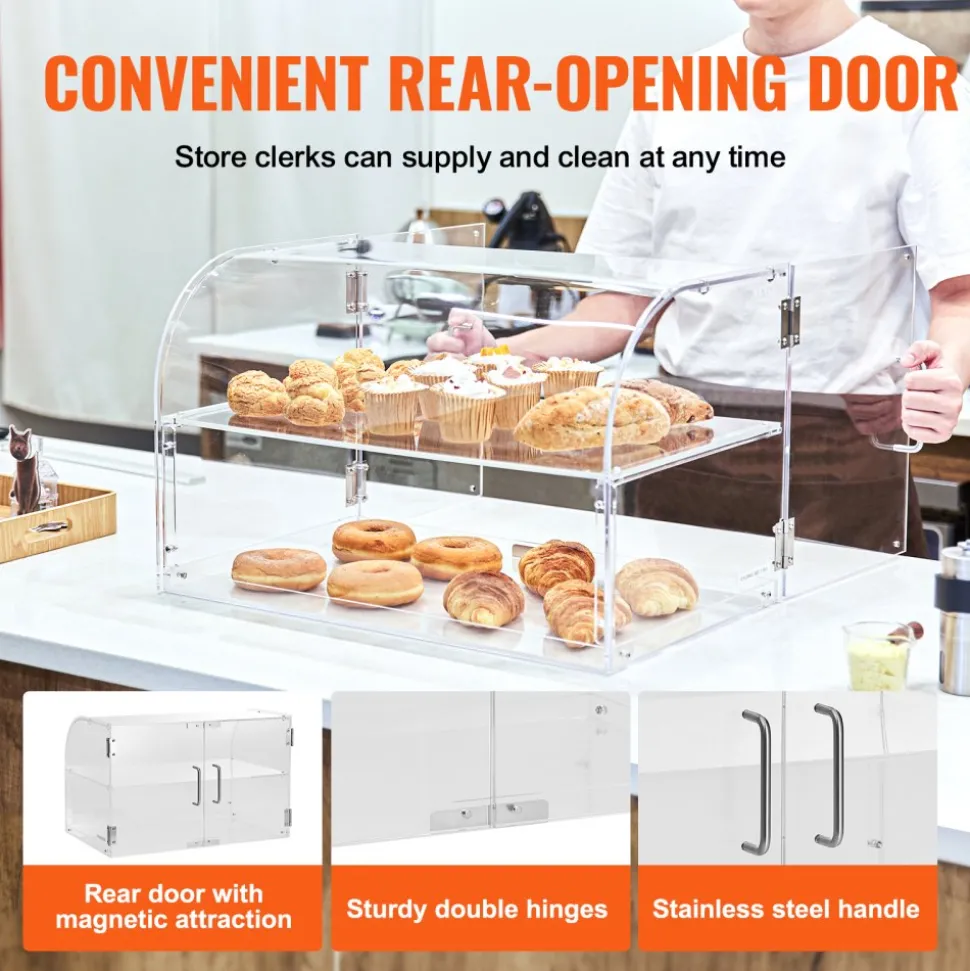 VEVOR Pastry Display Case, 2-Tier Commercial Countertop Bakery Display Case, Acrylic Display Box with Rear Door Access & Removable Shelves, Keep Fresh for Donut Bagels Cake Cookie, 22"x14"x14"