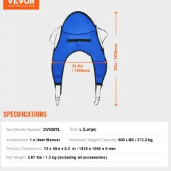 VEVOR Patient Lift Sling with Head Support- Large Size, Universal Patient Lift Sling, Divided Leg Transfer Sling for Bathing, Patient Lift Medical Sling for Elderly, Disabled, Bedridden, 600LBS