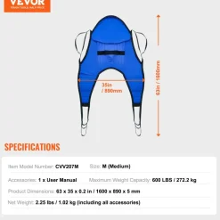 VEVOR Patient Lift U-Sling with Head Support- Medium Size, Divided Leg Transfer Sling for Bathing, Patient Lift Medical Sling for Elderly, Disabled, Bedridden, 600LBS