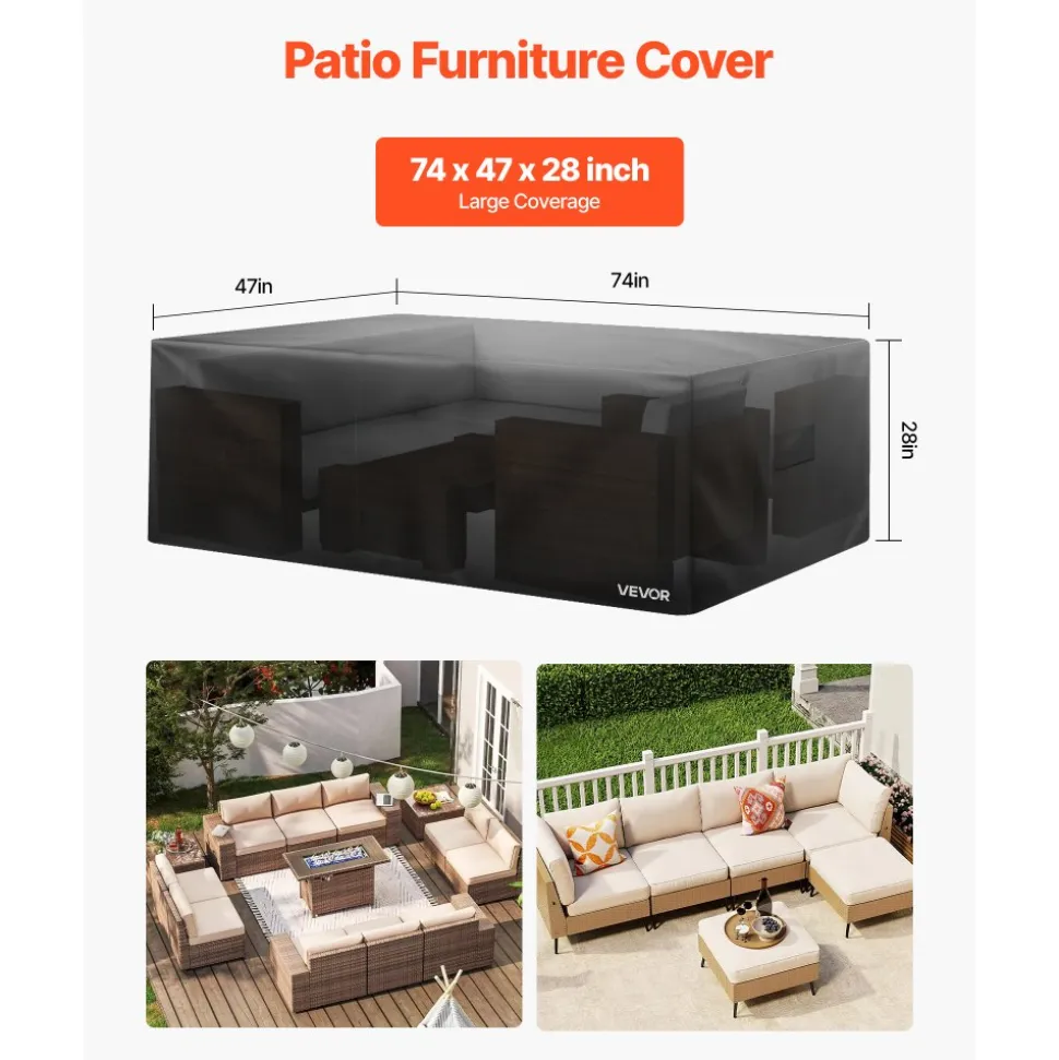 VEVOR Patio Furniture Cover, 420D Heavy Duty Waterproof Outdoor Dining Table and Chairs Cover, Large Rectangular Patio Table Covers with Air Vent for All Weather, 74L x 47W x 28H inch, Black