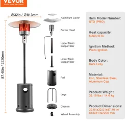 VEVOR Patio Heater for Outdoor Use, 50000BTU Propane Heater Tall Hammered With Round Table Design, Metal Burner and Wheels, Outdoor Patio Flame Heater for Patio, Party, Backyard, Garden, Silver Gray
