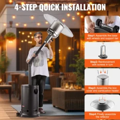 VEVOR Patio Heater for Outdoor Use, 50000BTU Propane Heater Tall Hammered With Round Table Design, Metal Burner and Wheels, Outdoor Patio Flame Heater for Patio, Party, Backyard, Garden, Silver Gray