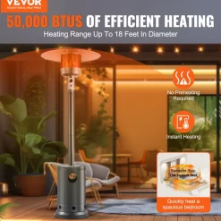VEVOR Patio Heater for Outdoor Use, 50000BTU Propane Heater Tall Hammered With Round Table Design, Metal Burner and Wheels, Outdoor Patio Flame Heater for Patio, Party, Backyard, Garden, Silver Gray