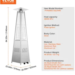 VEVOR Patio Heater for Outdoor Use, 48000BTU Pyramid Propane Heater w/Wheels, Quartz Glass Tube Outdoor Patio Flame Heater for Patio, Party, Backyard, Garden, Decoration, Silver
