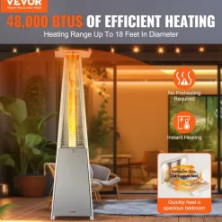 VEVOR Patio Heater for Outdoor Use, 48000BTU Pyramid Propane Heater w/Wheels, Quartz Glass Tube Outdoor Patio Flame Heater for Patio, Party, Backyard, Garden, Decoration, Silver