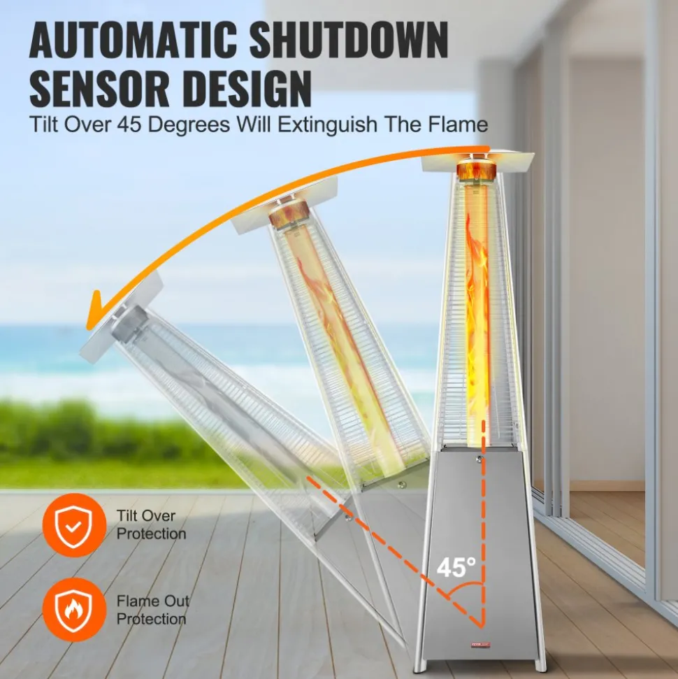 VEVOR Patio Heater for Outdoor Use, 48000BTU Pyramid Propane Heater w/Wheels, Quartz Glass Tube Outdoor Patio Flame Heater for Patio, Party, Backyard, Garden, Decoration, Silver