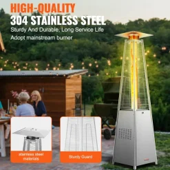 VEVOR Patio Heater for Outdoor Use, 48000BTU Pyramid Propane Heater w/Wheels, Quartz Glass Tube Outdoor Patio Flame Heater for Patio, Party, Backyard, Garden, Decoration, Silver