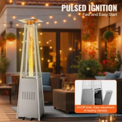 VEVOR Patio Heater for Outdoor Use, 48000BTU Pyramid Propane Heater w/Wheels, Quartz Glass Tube Outdoor Patio Flame Heater for Patio, Party, Backyard, Garden, Decoration, Silver