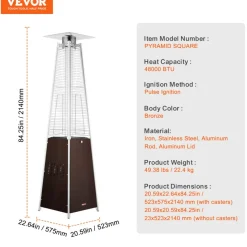 VEVOR Patio Heater for Outdoor Use, 48000BTU Pyramid Propane Heater w/Wheels, Quartz Glass Tube Outdoor Patio Flame Heater for Patio, Party, Backyard, Garden, Decoration, Hammered Bronze