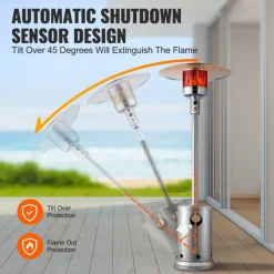 VEVOR Patio Heater for Outdoor Use, 50000BTU Propane Heater Tall Hammered With Round Table Design, Metal Burner and Wheels, Fixed Outdoor Patio Flame Heater for Patio, Party, Backyard, Garden, Silver