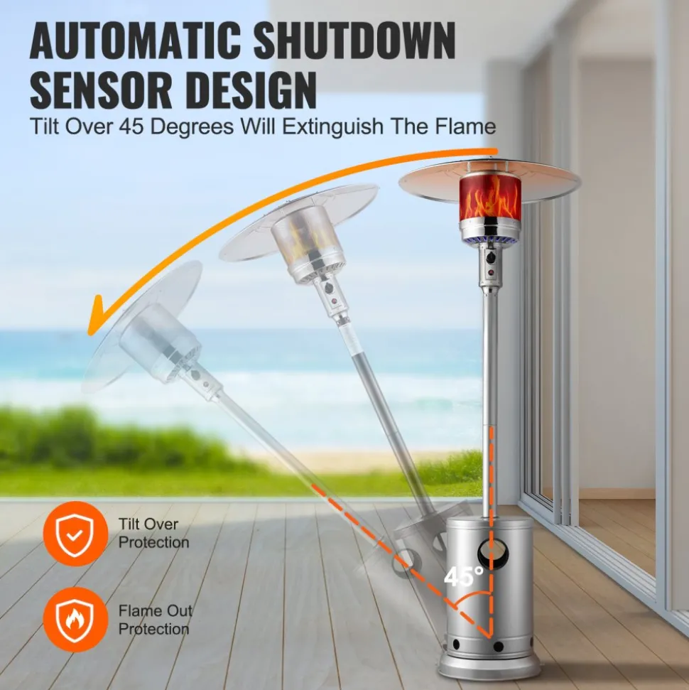 VEVOR Patio Heater for Outdoor Use, 50000BTU Propane Heater Tall Hammered With Round Table Design, Metal Burner and Wheels, Fixed Outdoor Patio Flame Heater for Patio, Party, Backyard, Garden, Silver