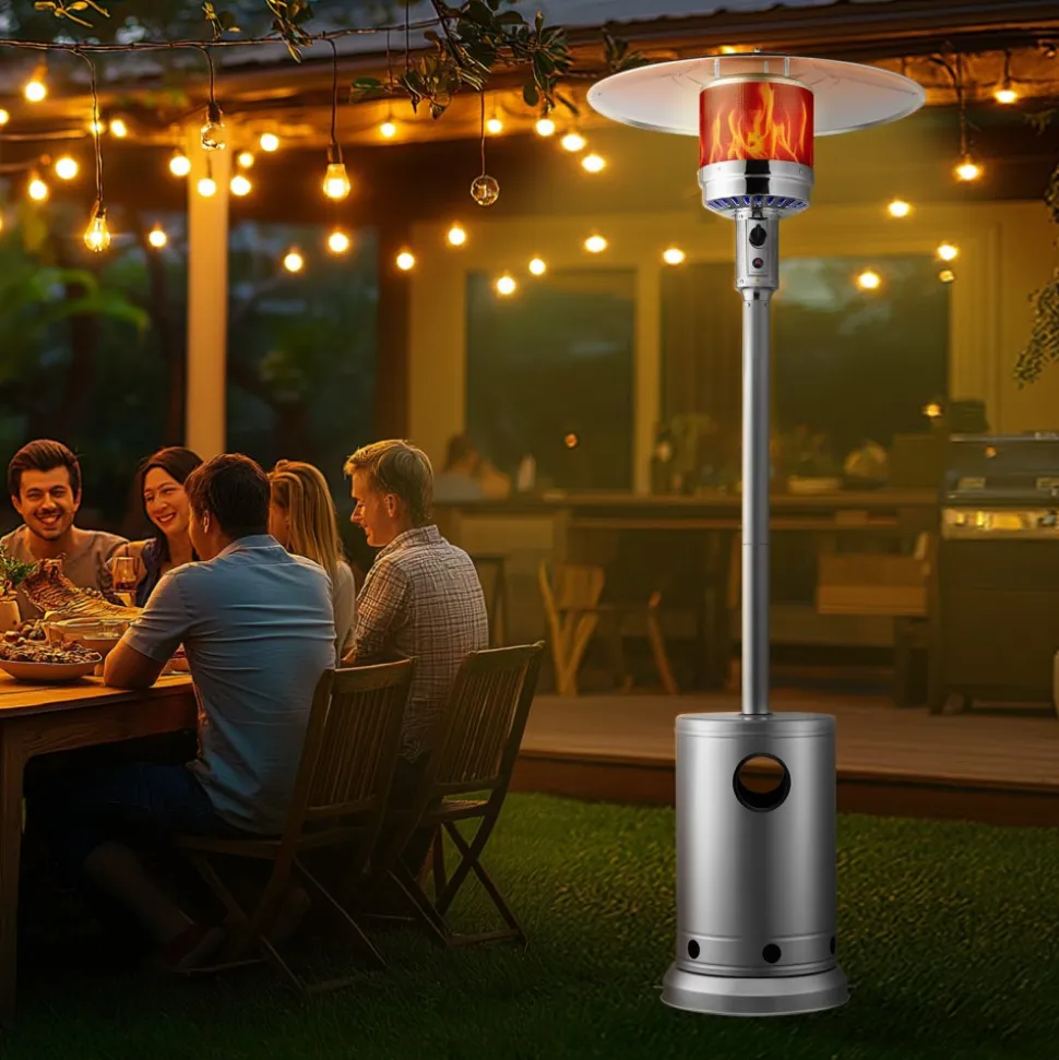 VEVOR Patio Heater for Outdoor Use, 50000BTU Propane Heater Tall Hammered With Round Table Design, Metal Burner and Wheels, Fixed Outdoor Patio Flame Heater for Patio, Party, Backyard, Garden, Silver
