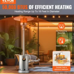 VEVOR Patio Heater for Outdoor Use, 50000BTU Propane Heater Tall Hammered With Round Table Design, Metal Burner and Wheels, Fixed Outdoor Patio Flame Heater for Patio, Party, Backyard, Garden, Silver