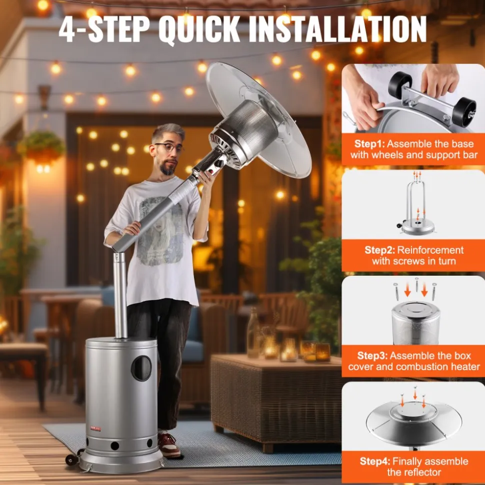 VEVOR Patio Heater for Outdoor Use, 50000BTU Propane Heater Tall Hammered With Round Table Design, Metal Burner and Wheels, Fixed Outdoor Patio Flame Heater for Patio, Party, Backyard, Garden, Silver