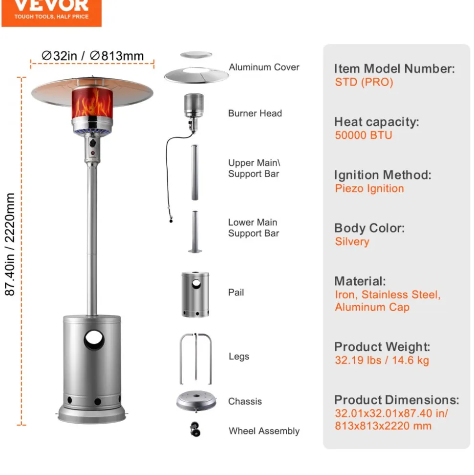 VEVOR Patio Heater for Outdoor Use, 50000BTU Propane Heater Tall Hammered With Round Table Design, Metal Burner and Wheels, Fixed Outdoor Patio Flame Heater for Patio, Party, Backyard, Garden, Silver