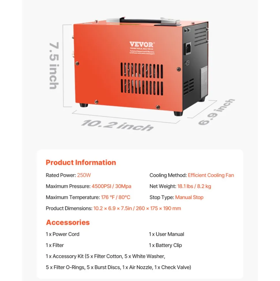 VEVOR PCP Air Compressor, 4500PSI/30Mpa Portable PCP Airgun Compressor with Built-in Converter & Fan Cooling System, DC12V/AC120V Manual-Stop Air Rifle, Paintball and Scuba Tank Compressor Pump